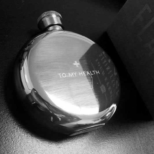 Round Stainless Steel Hip Flask – ‘To My Health’ Engraved (Customisable)